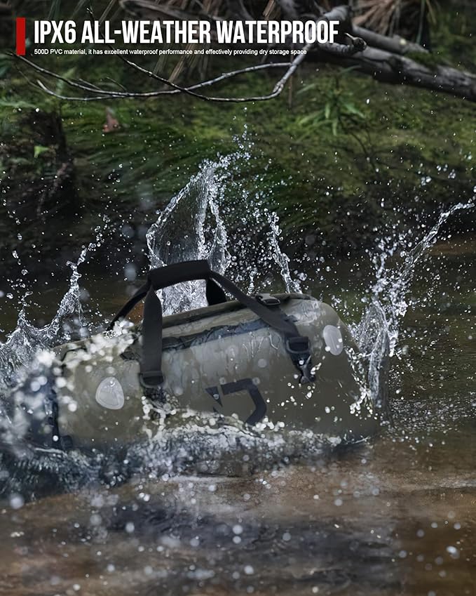 BORLENI Waterproof Motorcycle Dry Duffel Bag Luggage Tail Bag with Large Storage Space,Roll Top Closure, Shoulder Straps, Inner Pocket and Mesh Pocket for Motorcycling Travel Camping (Army Green,70L)