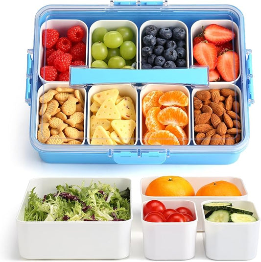 Snackle Box Container for Adults, 11 in 1 Divided Serving Tray Snack Box Containers with Stackable Compartment and Handle, Customizable Charcuterie Boxes Portable Snack Platter for Party Travel, Blue