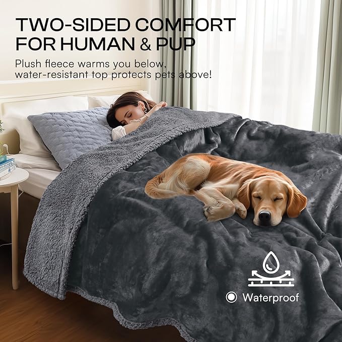 Luciphia Waterproof Pet Blanket, Liquid Pee Proof Dog Blanket for Sofa Bed Couch, Reversible Sherpa Fleece Furniture Protector Cover for Small Medium Large Dogs Cats, Dark Gray Queen Size（90" x 82"）