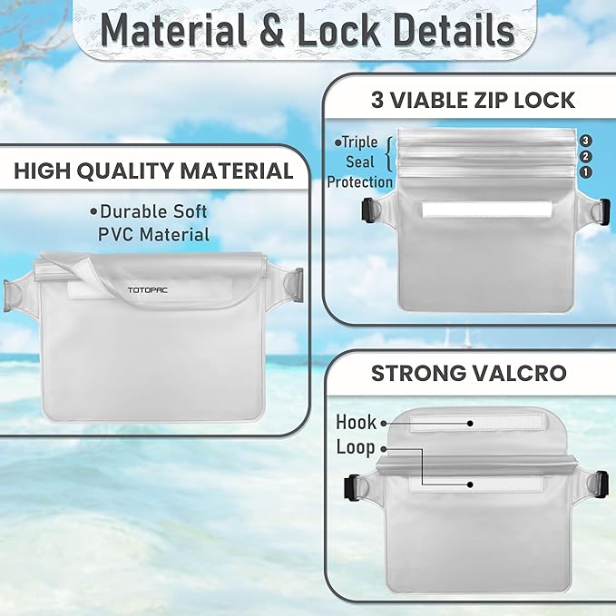 2-Pack Waterproof Fanny Pack, Phone Pouch with Waist Strap, 9x6.7 Inch Dry Bag for Phone, Cash, and Valuables – for Swimming, Kayaking, Boating, Snorkeling, and Water Sports (2, White + White)