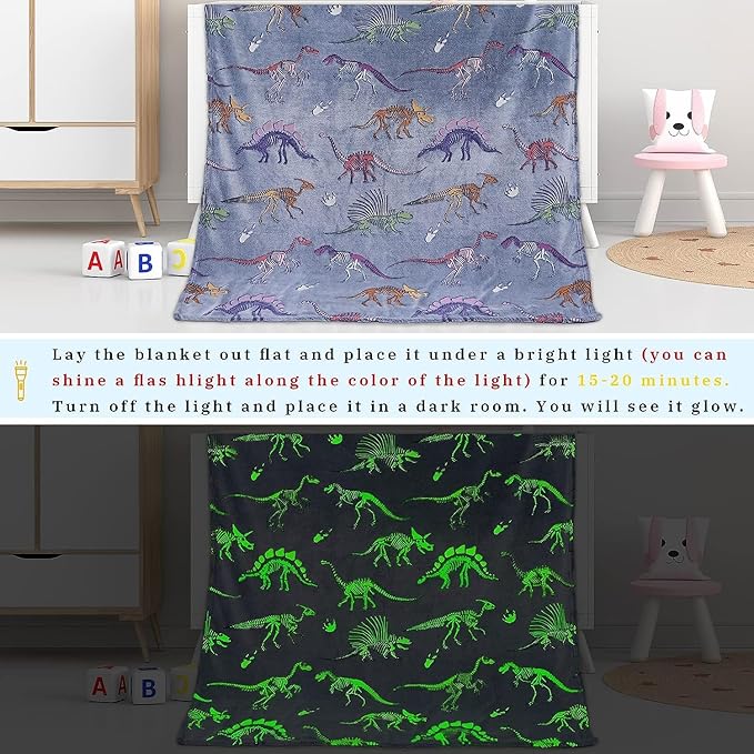 Glow in The Dark Dinosaur Blanket - Soft Warm Plush Kids Cute Dino Throw Blankets for Couch, Luminous 80"x60"