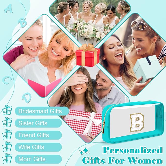Personalized Initial Letter Clear Makeup Bag,Preppy Small Nylon&PVC Cosmetic Zipper Bag with Chenille Letter,Portable Beach Travel Skincare Toiletry Bag,Trendy Monogram Gift for Teen Girls Women,B