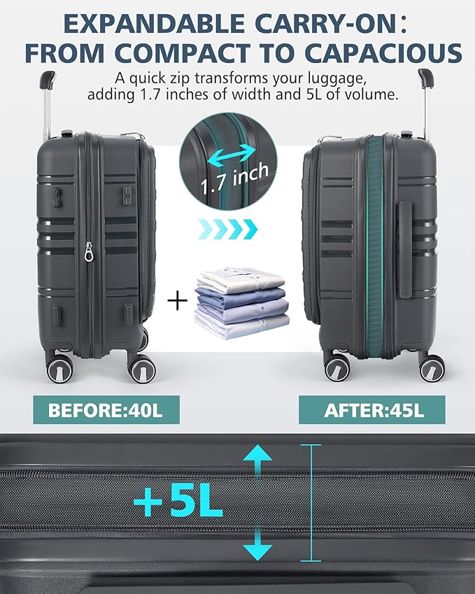 RAINSMORE Expandable Carry on Luggage 20 Inch, Airline Approved Carry on Suitcase with Front Pocket&Laptop Compartment, Hardshell Rolling Travel Luggage with Spinner Wheels,Charcoal