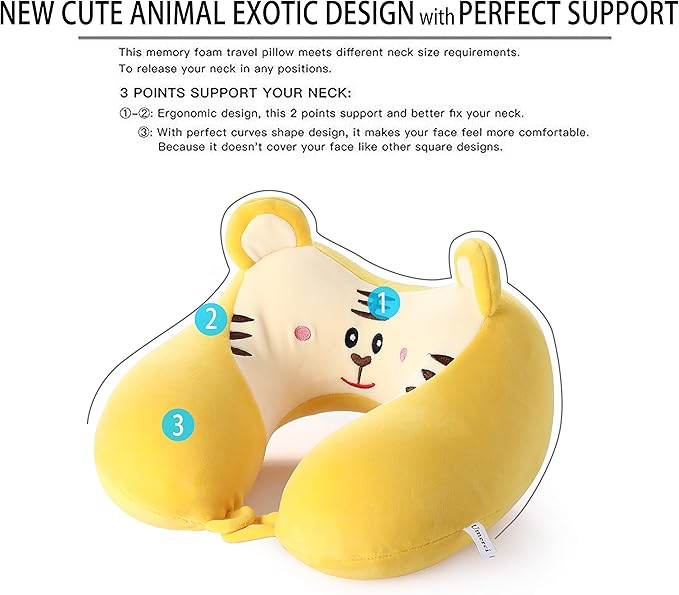 Umerci Travel Pillow, Memory Foam Neck Pillow with 360-Degree Head Support Comfortable Airplane Pillow with Storage Bag Lightweight Traveling Pillow for Sleeping, Car, Train, Bus and Home Use (Tiger)