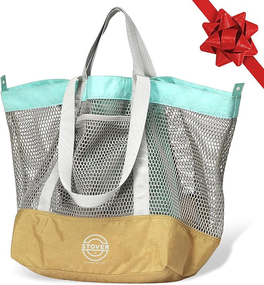 STOVER Large Mesh Beach Bag, Vacation, Pool, Shopping, & Travel Tote - Foldable w/Storage Pockets for Women, Men & Families