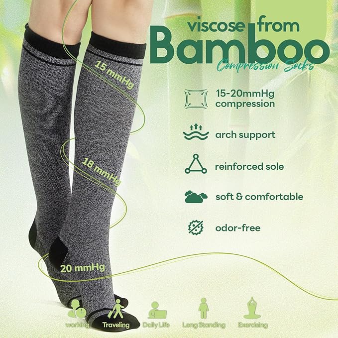 Iambamboo Compression Socks Women & Men, 15-20 mmHg Bamboo Viscose Knee High Soft Support for Flying Travel Daily