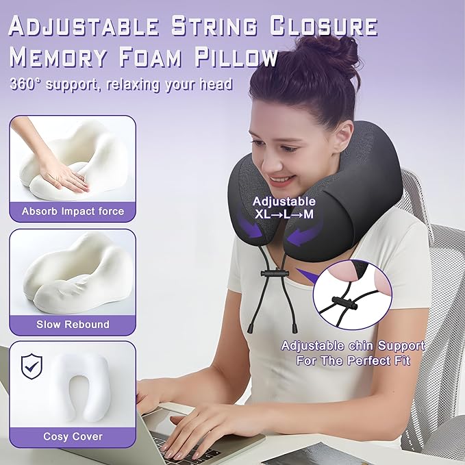 Neck Travel Pillow, Upgraded Memory Foam Pillow for Airplane, Machine Washable, Adjustable Flight Pillow, Suitable for Sleeping Airplane, Car, Office and Home (Black)