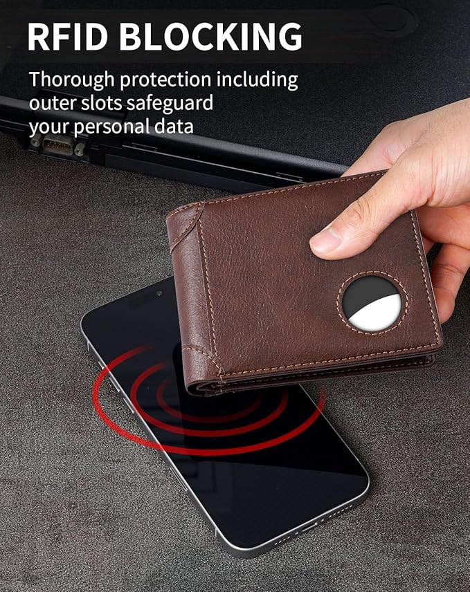 Swallowmall AirTag Wallet Mens RFID Blocking Genuine Leather Bifold Men's Wallet For air tag with 2 ID Window 10 Card Holders Removable Card Slot Taxes Brown(Airtag Not included)