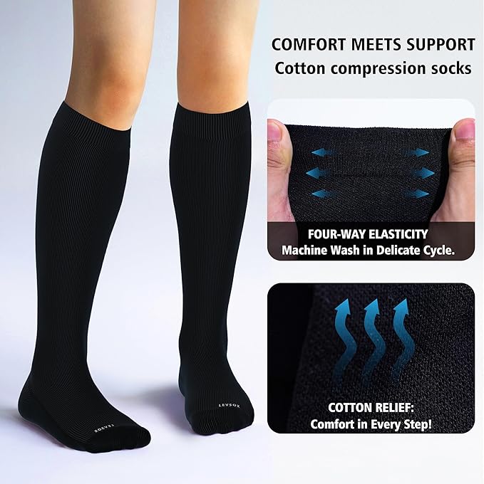 LEVSOX Thick Cotton Compression Socks for Women&Men 20-30mmHg Knee High Cute Support Sock for Nurses, Pregnancy, Travel