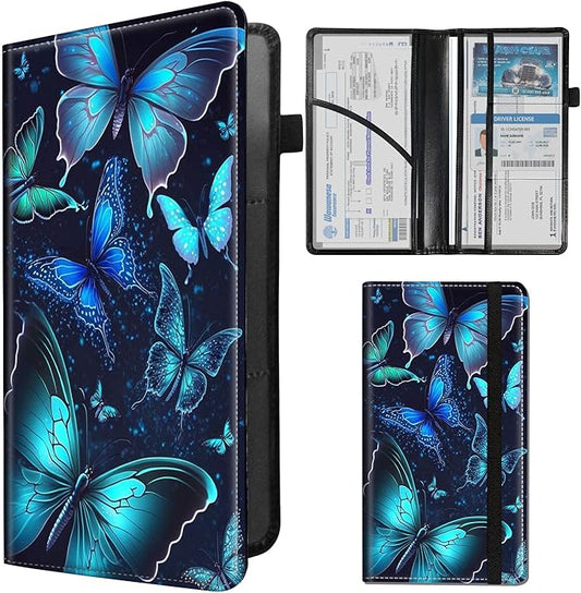 Car Registration and Insurance Holder,Leather Insurance License and Registration Card Holder for Car Glove Box, Auto Truck Document Holder Organizer for Men Women-Blue Butterflies in Night Sky