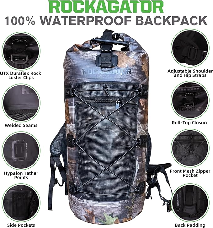 Rockagator Kanarra 90L Waterproof Backpack for Camping, Hiking, Mountaineering, Backpacking, Hunting, Fishing, Canoeing, Outdoor Activities, The Wet Outdoors - Large Capacity, Roll Top Closure, Camo