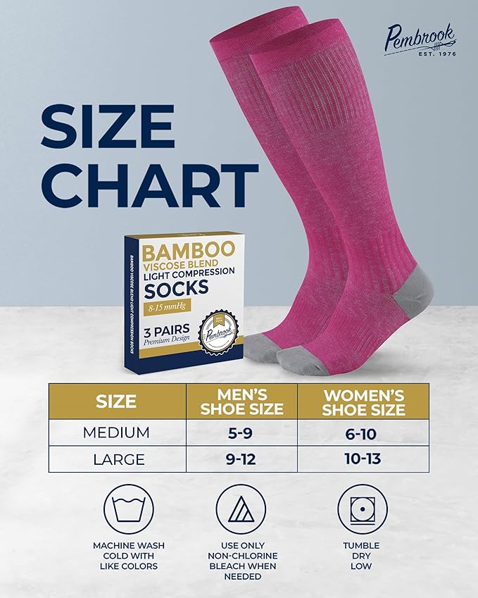 Pembrook Bamboo Viscose Light Compression Socks - 3 Pairs | 8-15 mmhg Compression Socks | Knee High Comfort Support Socks