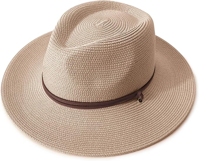 DRESHOW Women Straw Panama Hat Travel Fedora Beach Sun Hat Summer Wide Brim Straw Roll up Hat UPF 50+