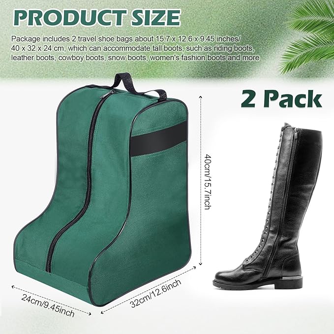 2 Pcs Boot Bags for Cowboy Boots Portable Storage Bag for Travel Long Tube Shoes Bags Men Tall Shoe with Handle for Home Travel (Dark Green)