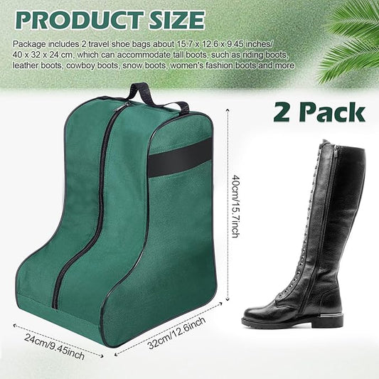 2 Pcs Boot Bags for Cowboy Boots Portable Storage Bag for Travel Long Tube Shoes Bags Men Tall Shoe with Handle for Home Travel (Dark Green)