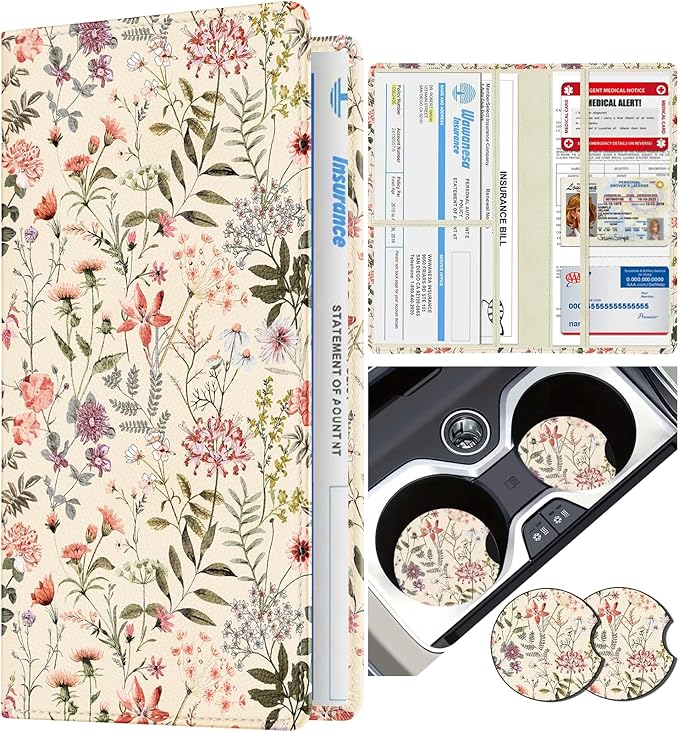 Slohif Car Registration and Insurance Holder - Floral Vehicle Glove Box Organizer Women with Magnetic Shut Leather Automobile License Holders Coasters Auto Accessories Case for Document