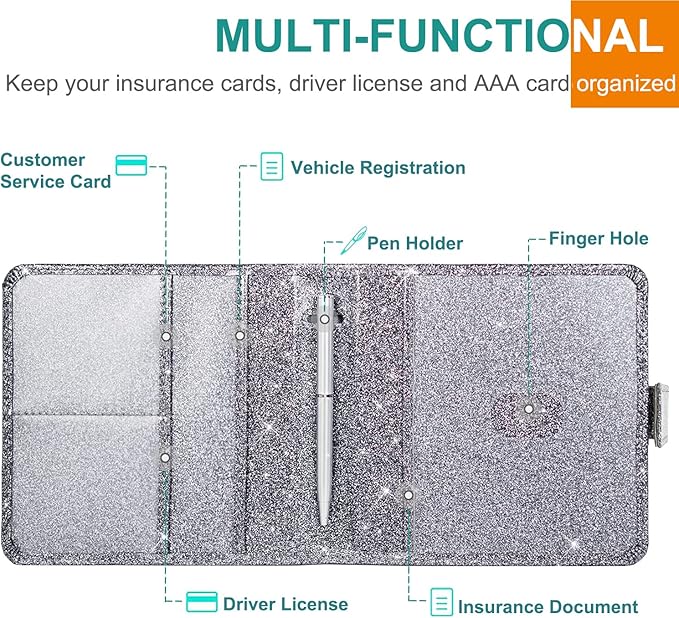 Car Registration & Insurance Holder - Premium Leather Document Organizer for Cards, Essential Documents, Driver License - Gray Glitter