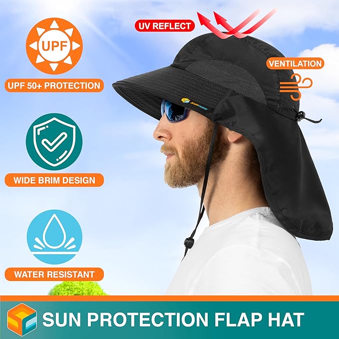SUN CUBE Wide Brim Sun Hat with Neck Flap, UPF50+ Hiking Safari Fishing Hat for Men Women, Sun Protection Beach Hat