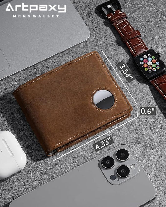 Mens Wallet With AirTag Holder, Bifold Leather RFID Blocking 1-2 ID Windows 12-13 Card Holders, Gift Box and Screen Protector Included, AirTag Not Included