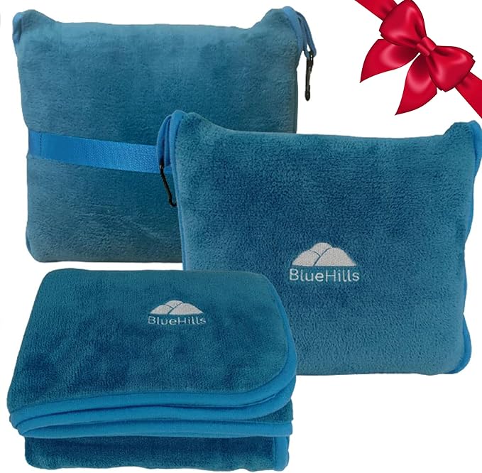 BlueHills Premium Soft Travel Blanket Pillow Airplane Blanket in Soft Bag case with Hand Luggage Belt and Carabiner Compact Pack Large Cozy Plane Car Train Teal Blue T022