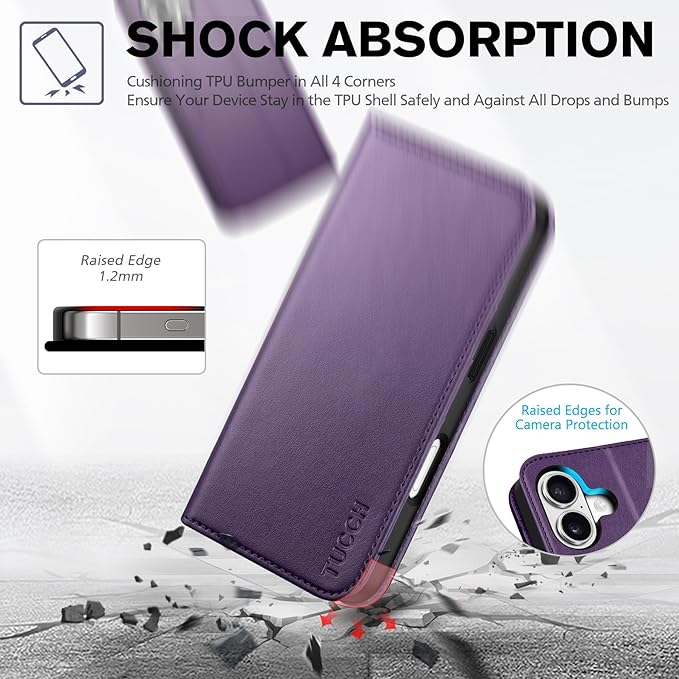 TUCCH Wallet Case for iPhone 17 (6.3") 2025, 3 Credit Card Slot | RFID Blocking | Stand | PU Leather | Protective Flip Folio Cover | Shockproof TPU Interior Shell | Dark Purple