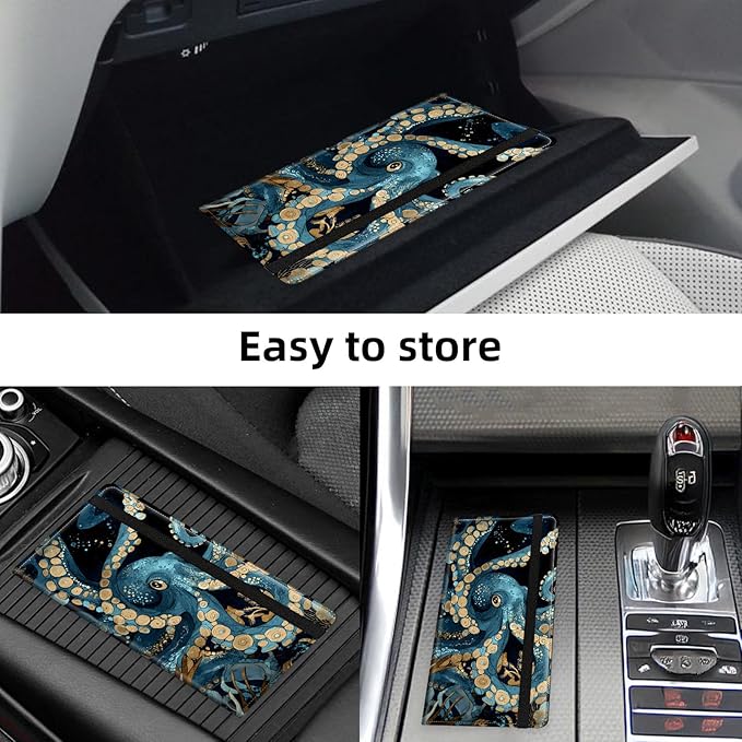 Car Registration and Insurance Holder PU Leather Vehicle Insurance and Registration Holders Wallet Case with Elastic Band Closure for ID Card, Driving Licence, Blue Octopus