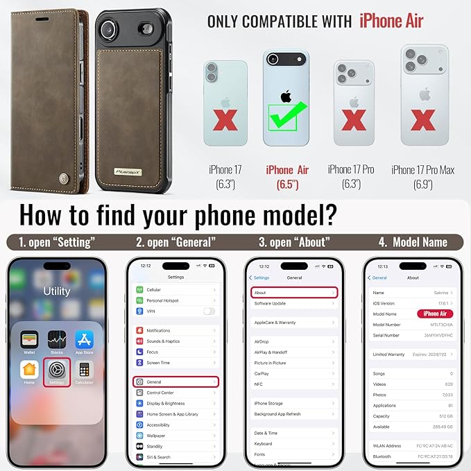 PlusnapX Wallet Case for iPhone Air Compatible with Magsafe, 2-in-1 PU Leather Flip RFID Blocking Card Holder Stand ShockAirof Magnetic Detachable Cover for iPhone 17 Air Case 6.5", Brown