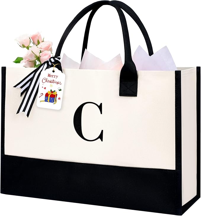 BAGAIL Initial Tote Bag, Personalized Birthday Gifts for Women, Teacher, Friends, Mom, Wedding, Monogrammed Beach Bag