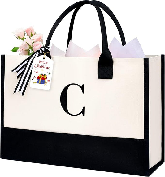 BAGAIL Initial Tote Bag, Personalized Birthday Gifts for Women, Teacher, Friends, Mom, Wedding, Monogrammed Beach Bag