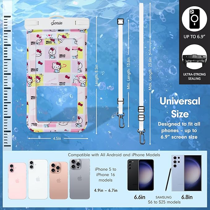 Sonix x Sanrio Waterproof Phone Pouch - Floating Phone Case Dry Bag w/Crossbody Lanyard - Beach Cruise Travel Essentials - Compatible w/All Devices, Touchscreen Friendly | Hello Kitty Grid
