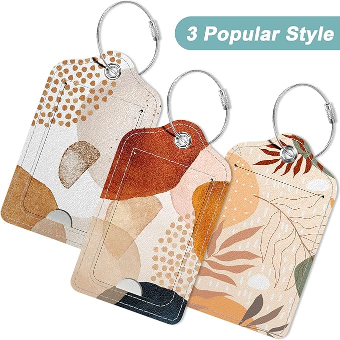 Rimilak 3 Pcs PU Leather Luggage Tags for Suitcase, Travel Cruise Luggage Tag with Privacy Flap, Name ID Label and Metal Loop for Women Men Baggage Handbag School Bag Backpack, Modern Abstract Art