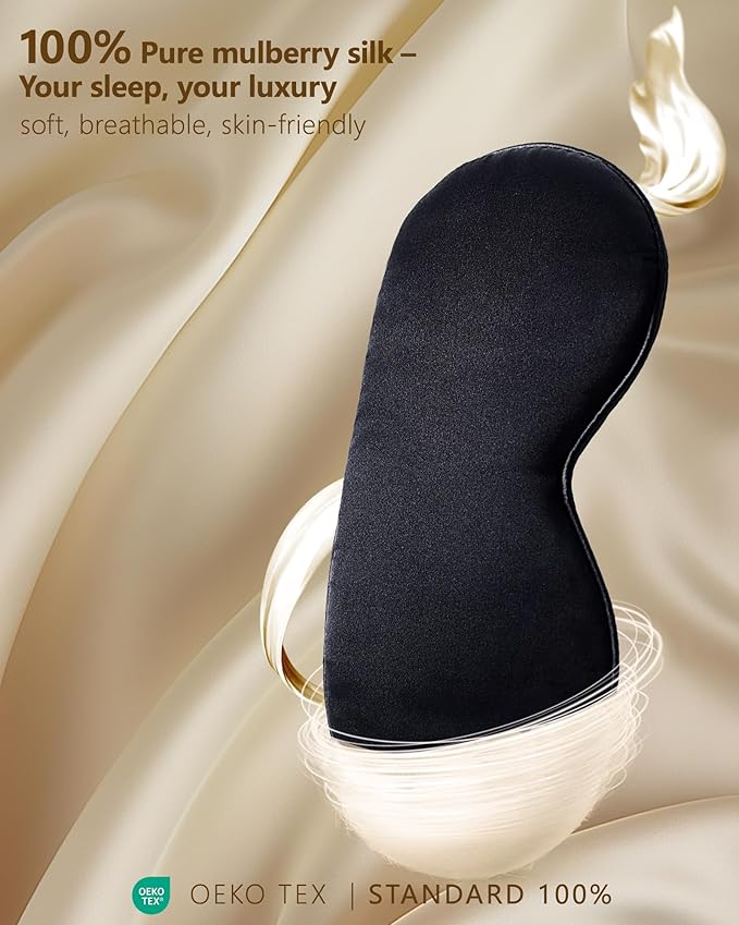 Silk Sleep Mask for Women and Men - Soft Breathable Organic Natural Mulberry Silk Fabric Blackout Eye Mask with Adjustable Straps No Pressure Eye Mask for Travel Essentials Gifts (Black)