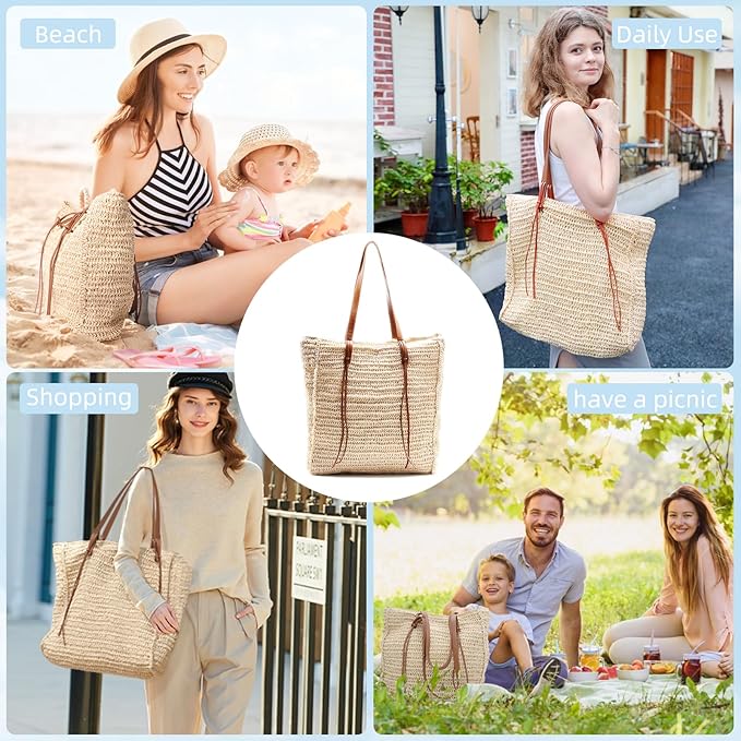 miss fong Summer Beach Bag, Beach Bags for Women,Straw Bag Straw Beach Bag Handmade Woven Tote Bag for Holiday Beach Trips