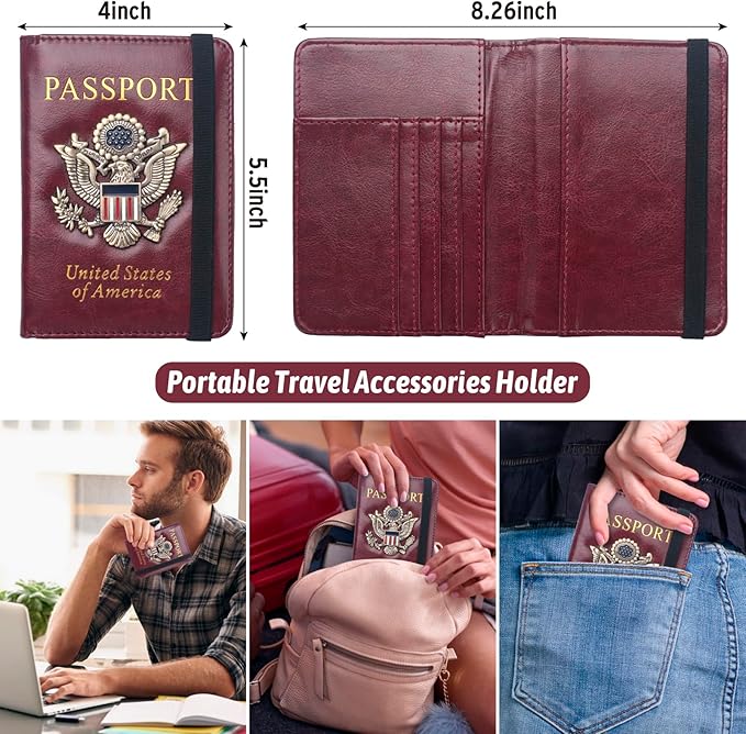 Passport Holder for Travel Women Men, Passport Wallet RFID Blocking US Passport Cover Case, Waterproof Leather Travel Documents Holder with Vaccine Card Slot, Ticket Organizer Carrier