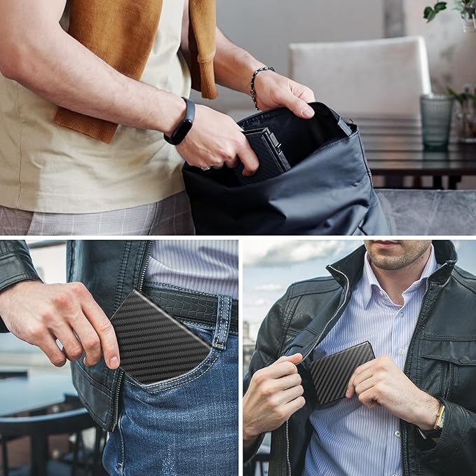 Mens Wallet Card Holder Pop up Card Case,Carbon Fiber Leather Slim Wallet，RFID Blocking 8-9 Card Capacity | ID Window | Cash Slot Minimalist Wallet for Men Black