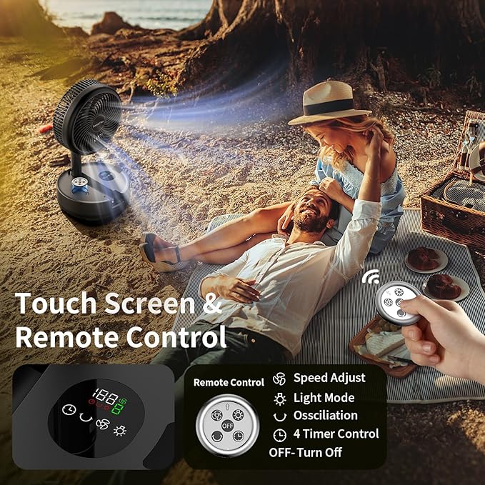 Socool 40000mAh Portable Fan Foldable Battery Rechargeable with 8 Speed & 106H, 90° Osciliating Floor Standing Fan Remote, Desk Fan with 8H Timer & LED Light for Home Outdoor Travel Camping