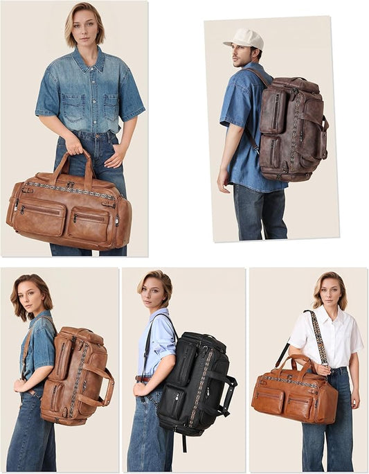 FADEON Duffle Bag for Women, Large Convertible Carry on Overnight Backpack, Designer Leather Mens Weekend Bags for Travel