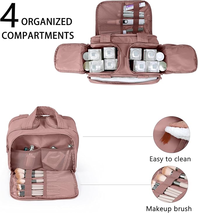 Travel Toiletry Bag for Women, Large Wide-open Puffy Cosmetic Makeup Bag with Wet-Dry Separation, Multi-Pocket Organizer with Carry Handle for Toiletries, Cosmetics, Essentials, Dark Pink