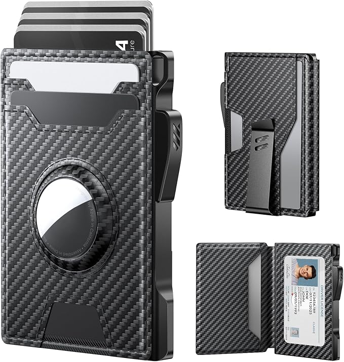 typecase AirTag Wallet for Men: Pop Up Card Case, Secure Holder for Apple Air Tag, Premium Leather, Smart, RFID Blocking, Slim, Minimalist, 13 Cards Capacitiy | ID Window | Money Clip (Carbon Fiber)