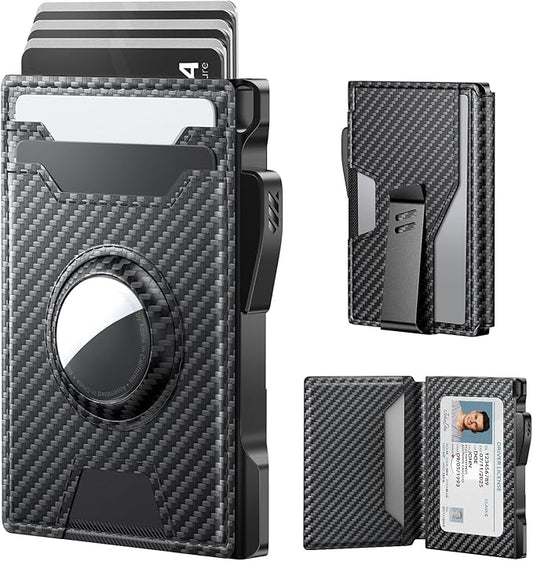 typecase AirTag Wallet for Men: Pop Up Card Case, Secure Holder for Apple Air Tag, Premium Leather, Smart, RFID Blocking, Slim, Minimalist, 13 Cards Capacitiy | ID Window | Money Clip (Carbon Fiber)