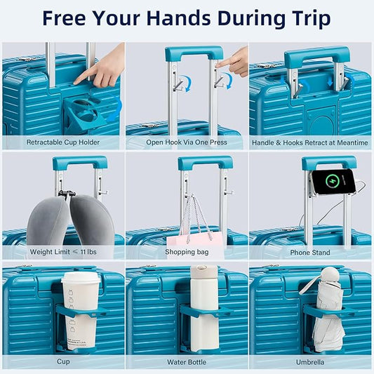 Hard Shell Suitcases Travel Expandable Luggage, 24 Inch Check in Luggage with Spinner Wheels Cup Holder Charger Built in, Checked Medium Suitcase Lightweight Suitcases, Caribbean Blue