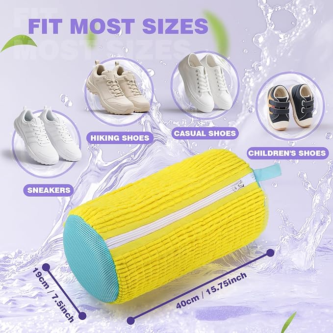 Shoe Washing Machine Bag Deep Clean 2pc Reusable Shoe Cleaning Bags Laundry Shoe Bag for Washer and Dryer Includes 2 Storage Dust Bags for Sneaker Tennis Shoes With Self-locking Zipper Yellow