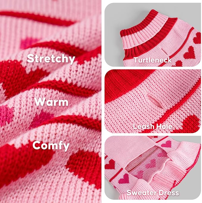 KYEESE Valentines Dog Sweater, Soft Turtleneck Dog Sweaters for Small Dogs, Stretchy Pullover Small Dogs Sweater, Warm Pet Sweaters Dress with Heart Print, Comfy Pet Clothes Coat with Leash Hole, S