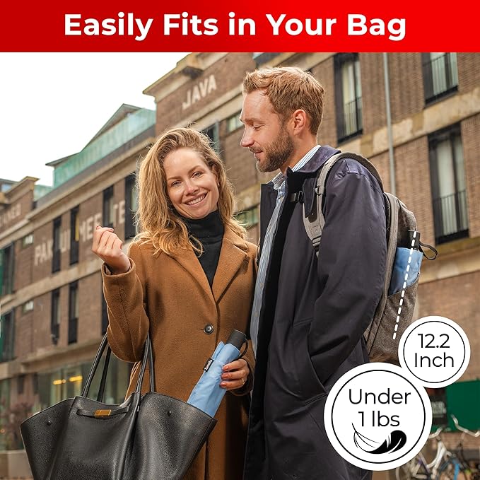 TUMELLA Flip-proof Inverted Travel Umbrella, Small Strong but Light Portable and Automatic Reverse Folding Rain Umbrella, Durable Premium Grip, Fits Car & Backpack