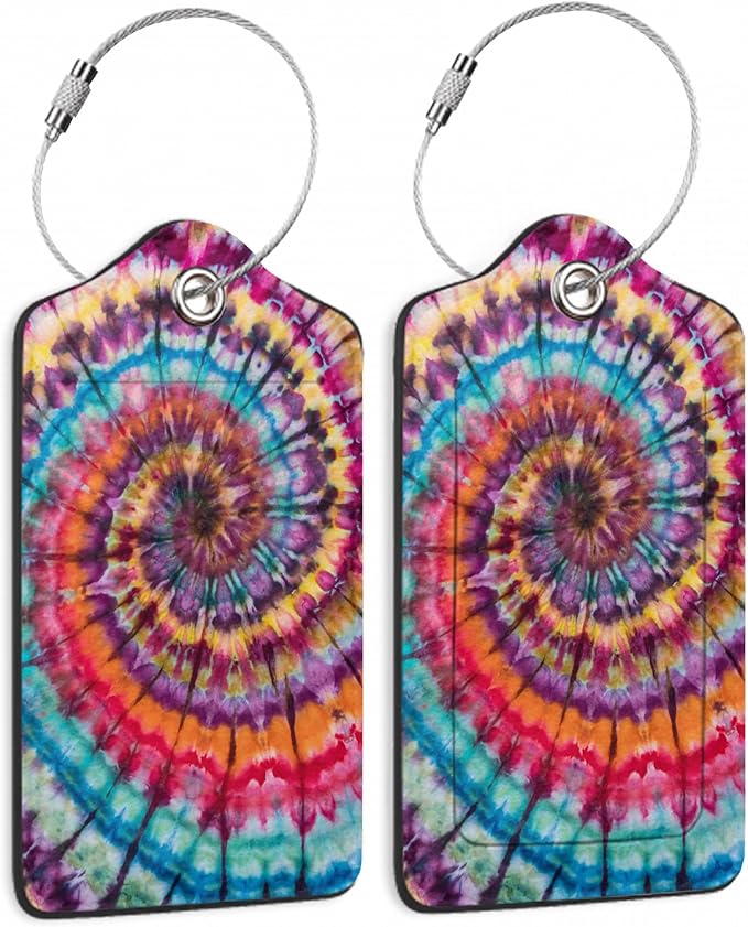 Abstract Tie Dye Colorful Rainbow Luggage Tag for Suitcase 2 Pcs Unique Leather Suitcase Tags with Full Privacy Cover Stainless Steel Loop for Women Men Travel Baggage Bag Backpack