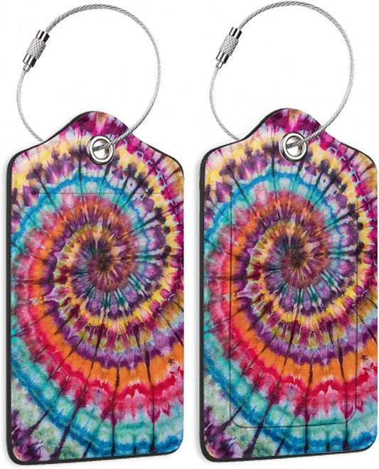 Abstract Tie Dye Colorful Rainbow Luggage Tag for Suitcase 2 Pcs Unique Leather Suitcase Tags with Full Privacy Cover Stainless Steel Loop for Women Men Travel Baggage Bag Backpack