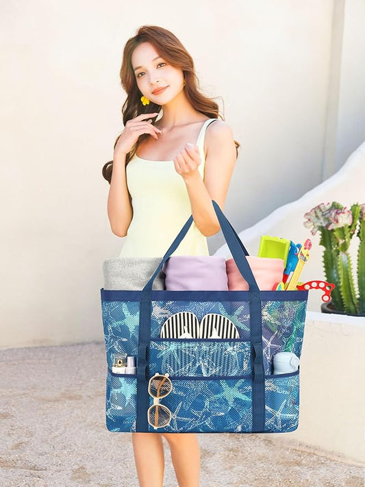Mesh Beach Bag, Large Beach Tote with Zipper Pocket for Family Pool Bag for Toys & Vacation Essentials
