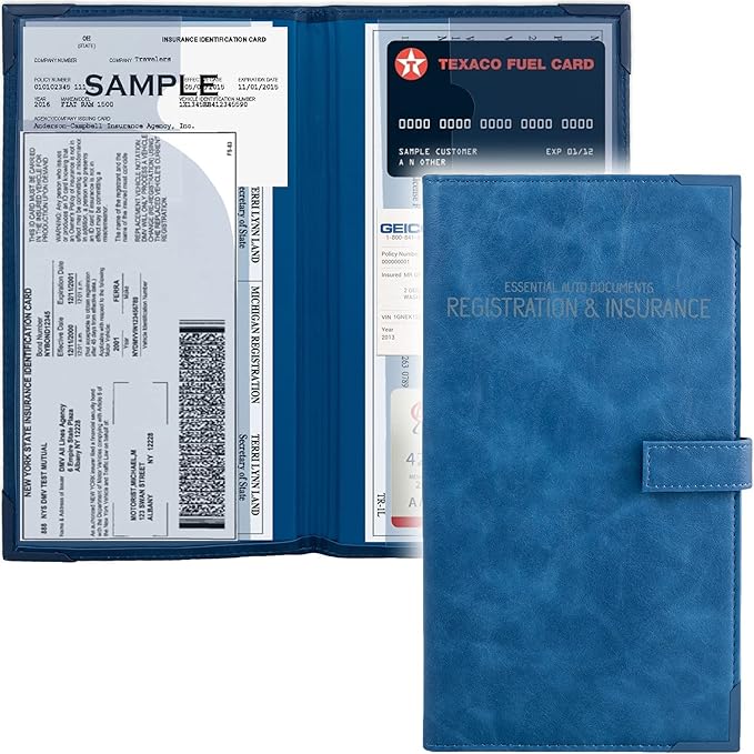 Auto Insurance and Registration Card Holder - Vehicle Glove Box Document Organizer - Car Essential Paperwork Holder for DMV, AAA, Contact Information Cards - Premium PU Leather Wallet Case - Blue