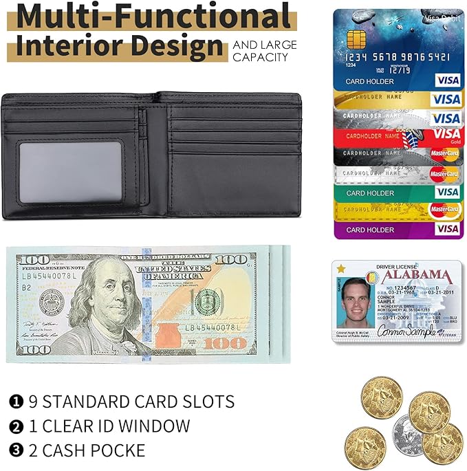 Swallowmall AirTag Wallet Mens RFID Blocking Genuine Leather Bifold Men's Wallet For air tag with 2 ID Window 10 Card Holders Removable Card Slot Black(Airtag Not included)