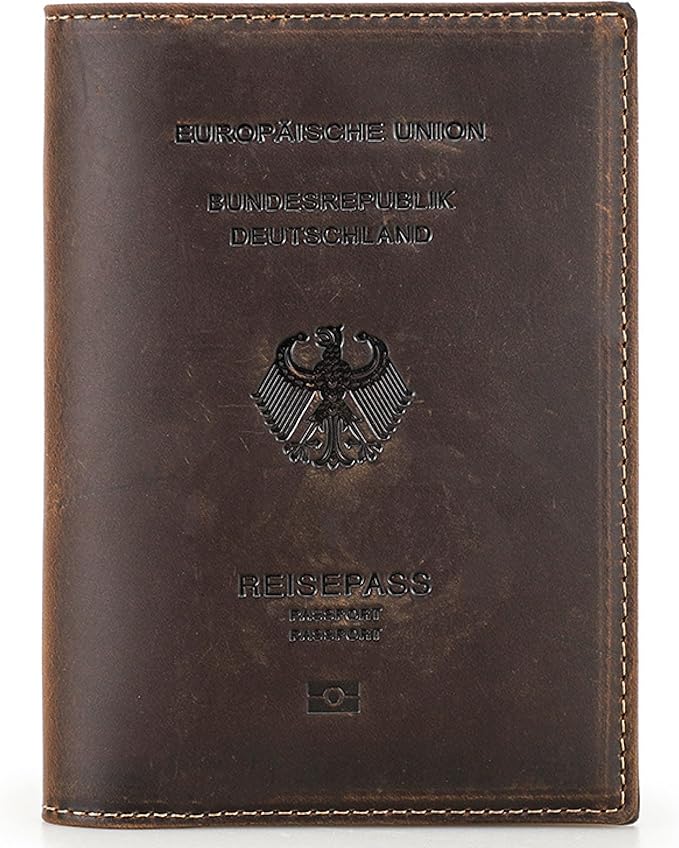 Top Grain Leather Single Travel Passport Wallet Embossing Badge for Unisex, Folio Design for Passport & Multi Cards, RFID Blocking for Passport/Cards/Checks/Bills/AirTag, Coffee Default, DE